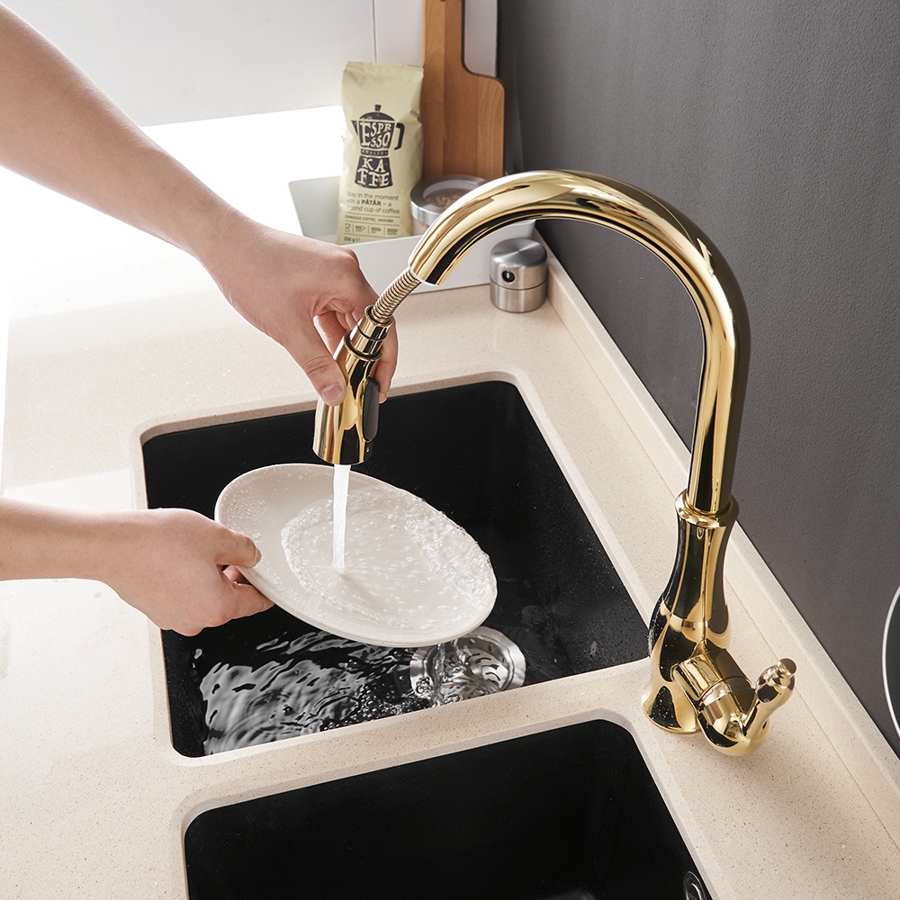 Kran Sink Mixer Tarik Bahan Kuningan Kran Cuci Piring Gold Keran Mixer Air Panas Dingin Yang Dapat Diputar Satu Pegangan Kontrol