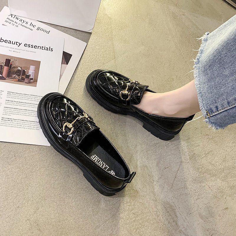 Gaya Inggris Kecil Sepatu Kulit Wanita Mary Jane Shoes Flat Round Toe Sepatu Pantofel Rantai Fashion Sepatu Wanita Import 2 Warna