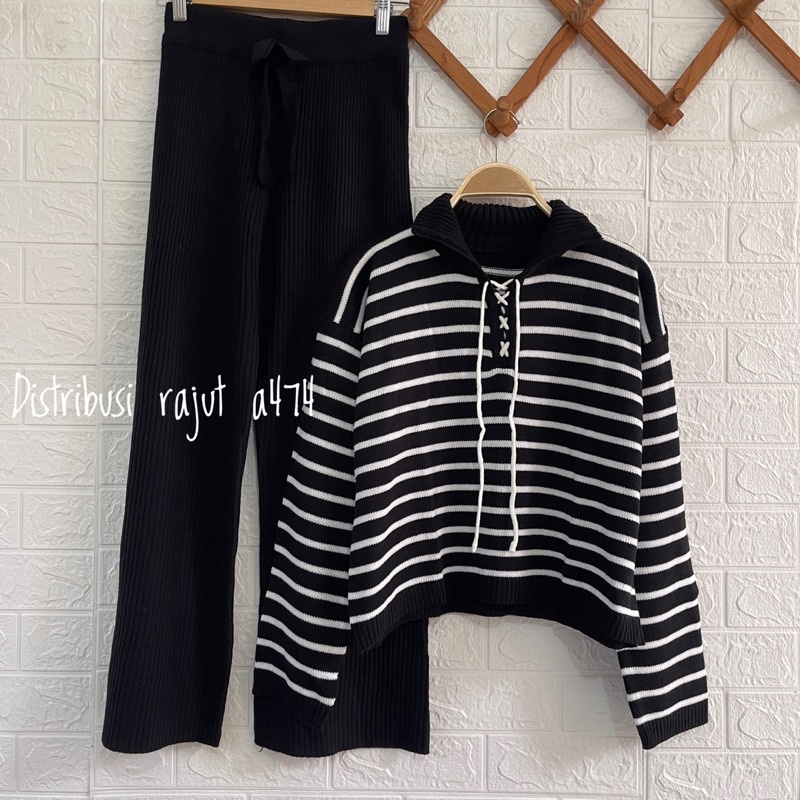 ONESET SWETER RAJUT CINDY STIRIPPY SETELAN CELANA KULOT