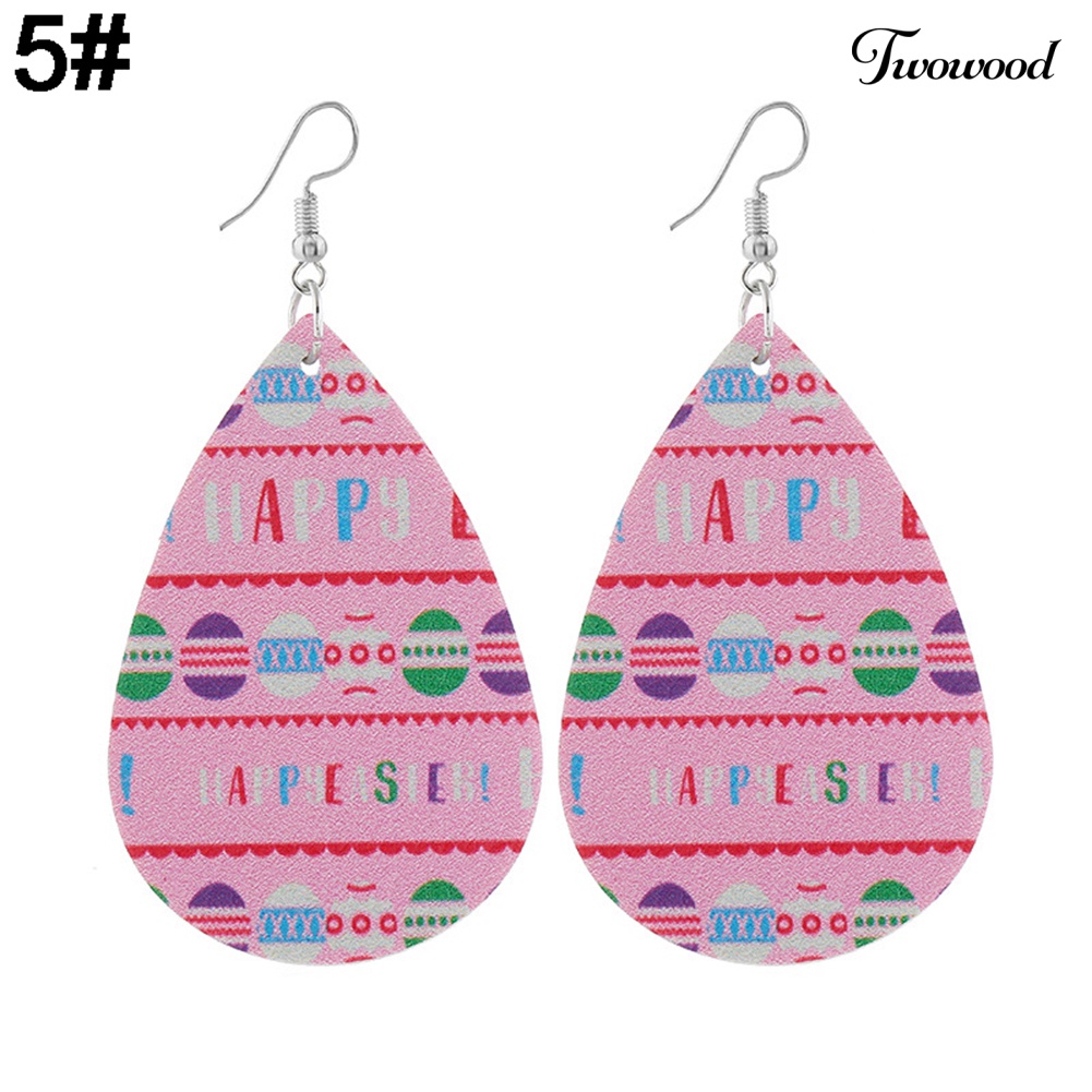 Twowood Wanita Easter Bunny Telur Teardrop Menjuntai Kulit Imitasi Kait Anting Perhiasan Hadiah