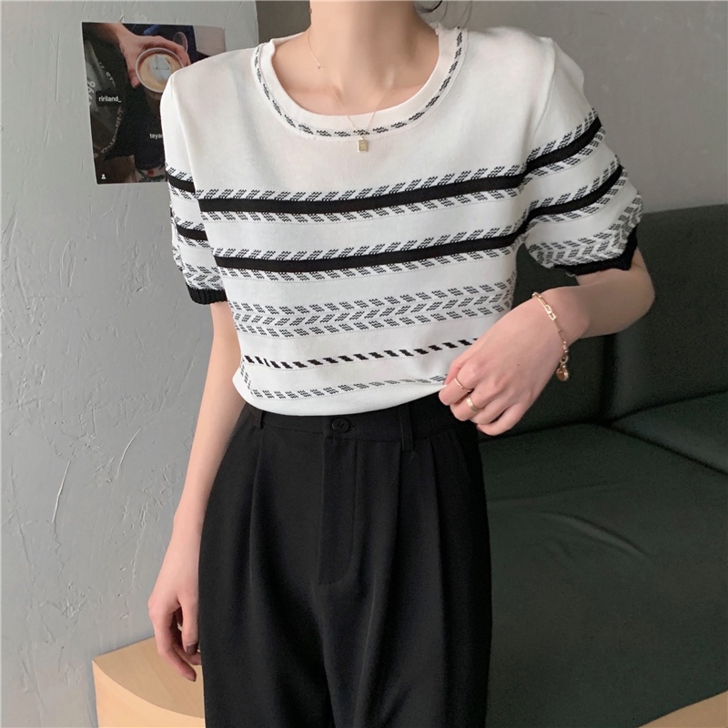 XIAOZHAINV Korean Style Stripe Kaos Atasan Wanita 0398