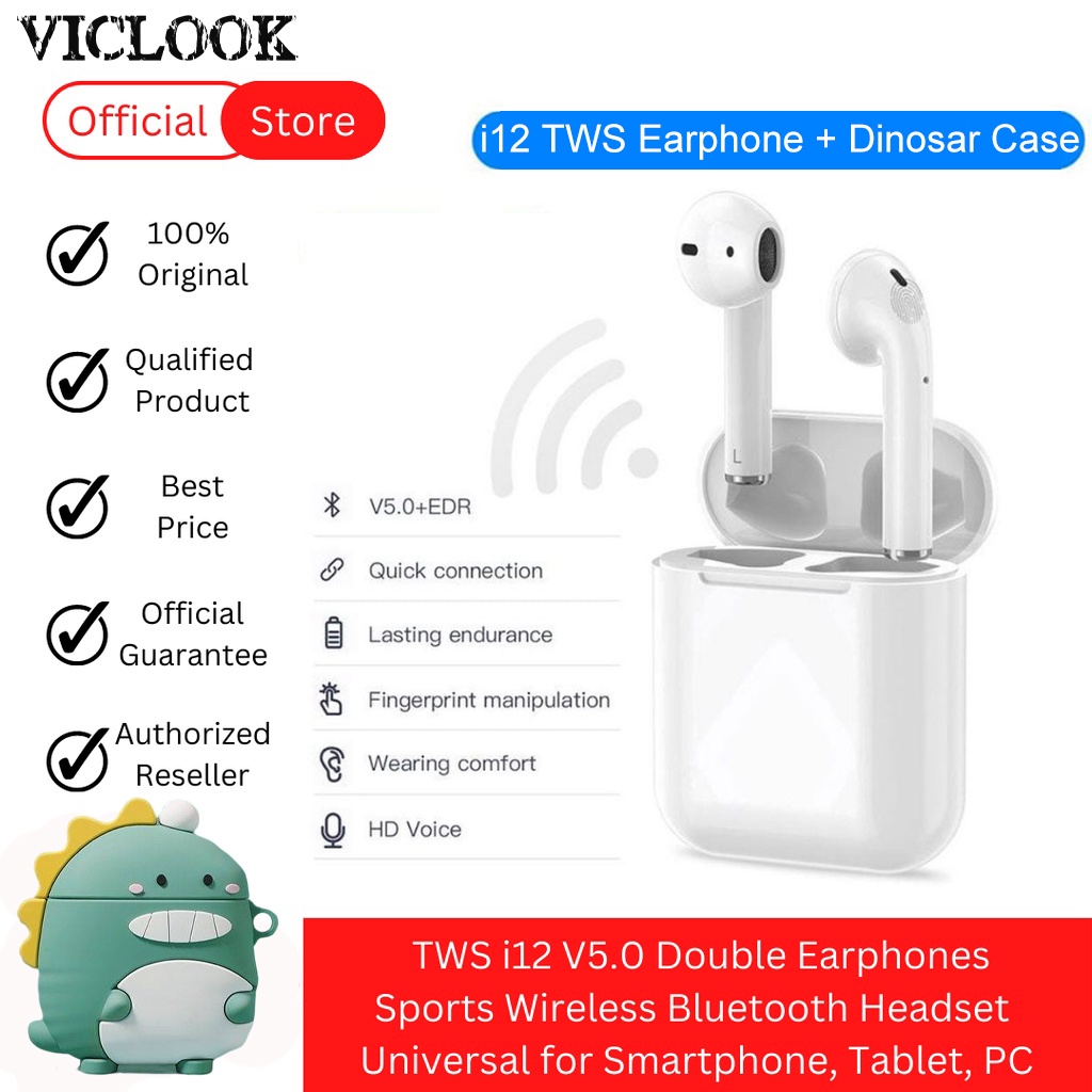 VICLOOK COD Bluetooth Earphone TWS i12 Wireless Bluetooth Headset Inpods 12 Dengan Pelindung Kartun Silicone Case