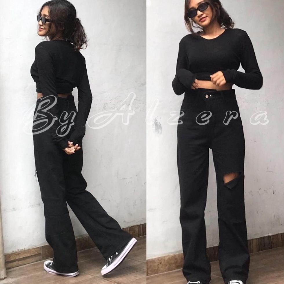 ([New]-Y79V➸) HIGHWAIST JEANS KULOT HITAM SOBEK ( SOBEK SEBELAH ) / KULOT JEANS / KULOT ROBEK BY ALZ