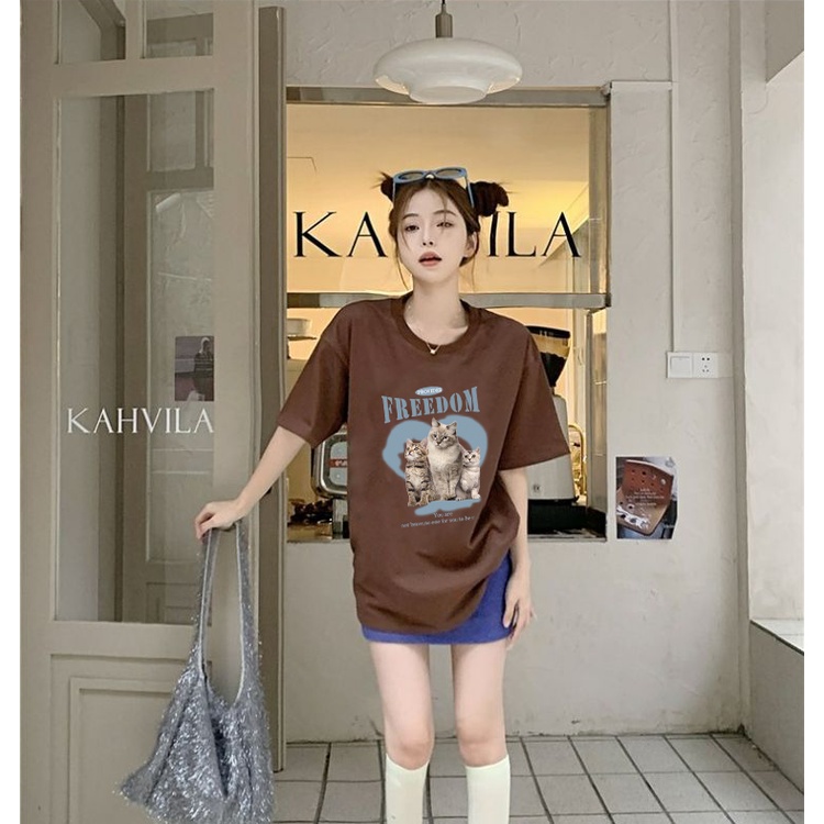 XIAOZHAINV Kaos Atasan Wanita Three Cats Pattern Lengan Pendek A0158