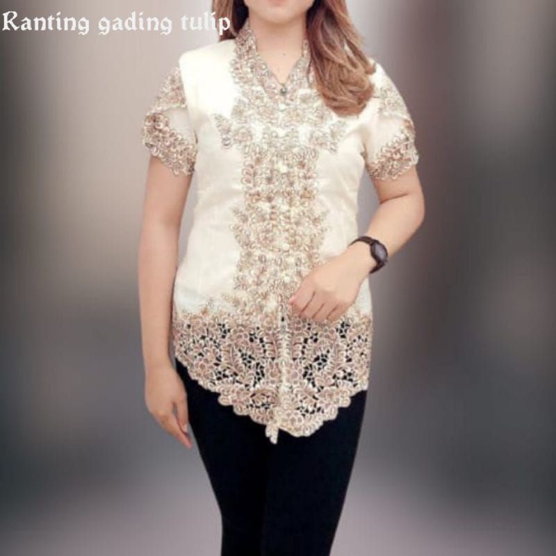 Atasan Kebaya Encim Modern Katun Silky Kombinasi Brukat Bordir