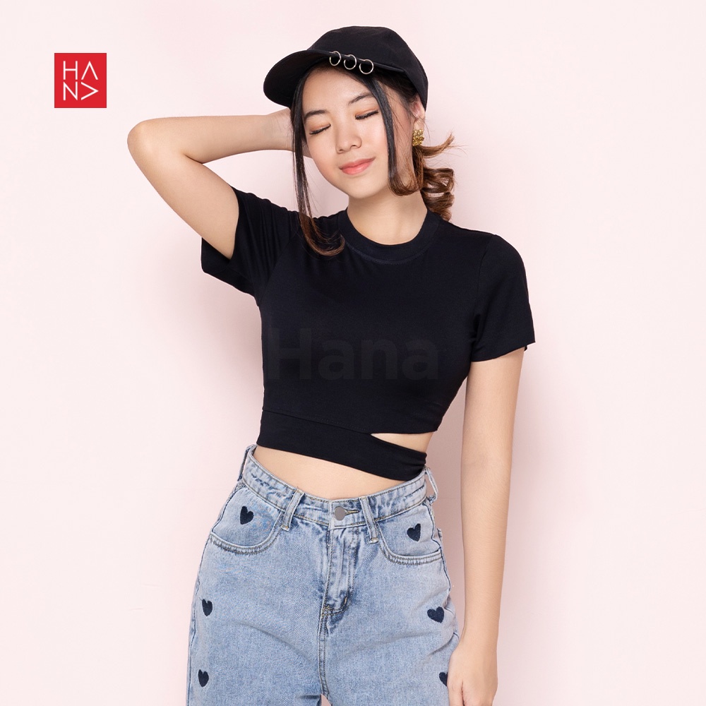 Hana Fashion - Yuna Crop Top Unfinished Korean Style / Kaos Crop Wanita - TS343