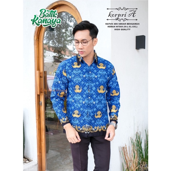 Batik Korpri Pria Kerah Hitam Bahan Katun 40S Tanpa Furing