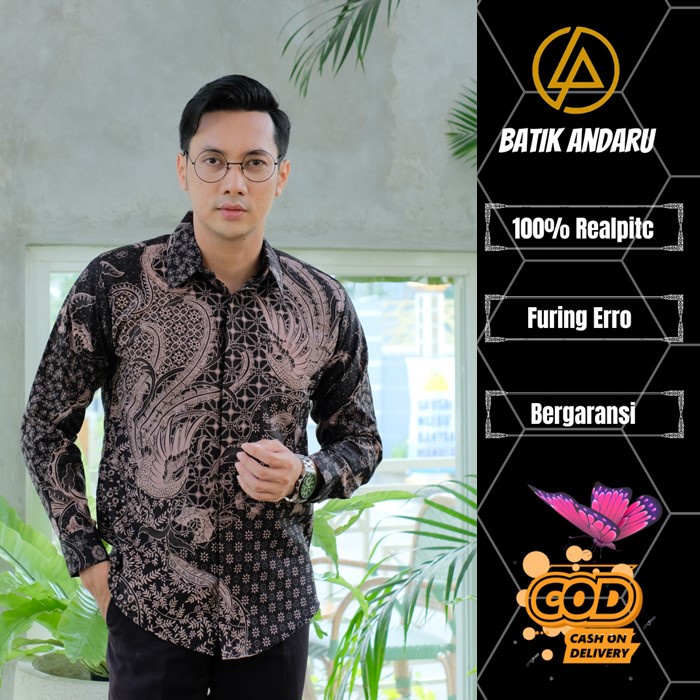 Baju Batik Pria Slim Fit Lengan Panjang Modern Bahan Katun Primisima Kualitas Premium Motif Burung Warna Hitam