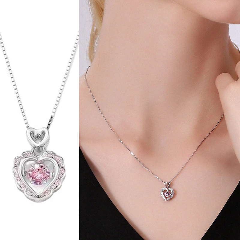 Fancyqube Korea Fashion Hollow Pink Kristal Hati Liontin Kalung Rantai Warna Silver Untuk Wanita Pernikahan Perhiasan Aesthetic