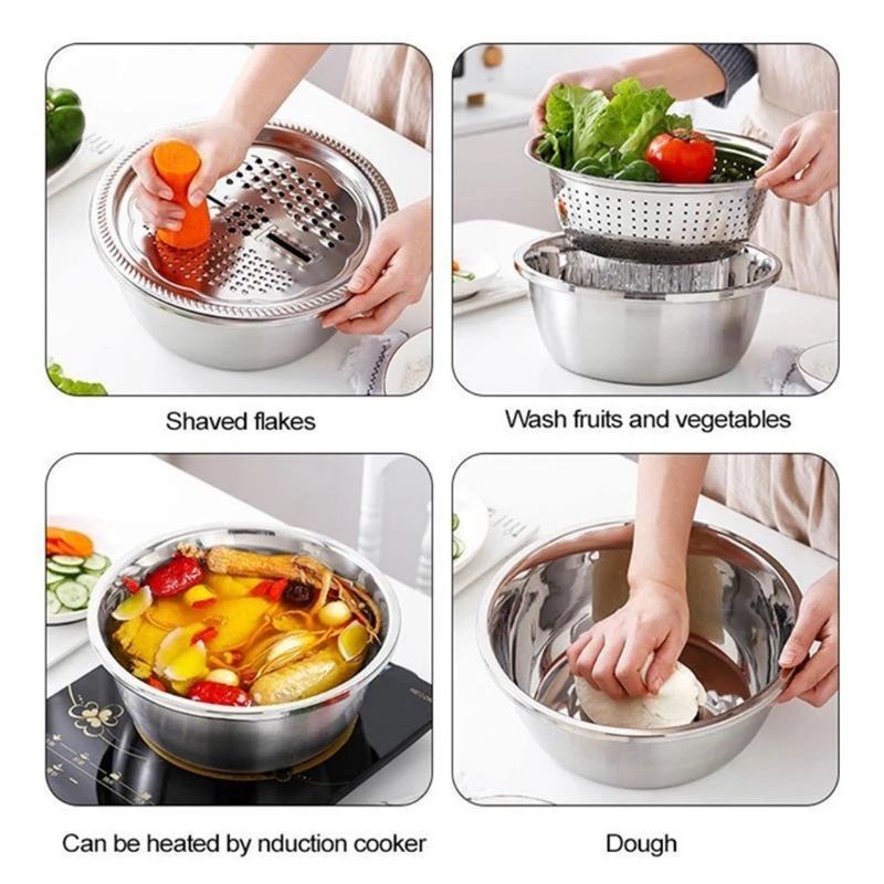 Parutan Serbaguna SET 3 in 1 STAINLESS Drain Basin Rice Washing Strainer Set Kitchen Grater Set Bowl Parut Iris Potong Serut Es Sayuran