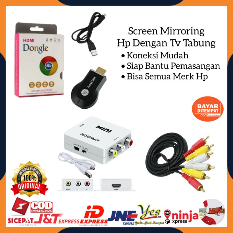 [COD] PAKET LENGKAP ANYCAST DONGLE DARI HP KE TV TABUNG / WIRELESS ANYCASH DONGEL MIRACAST / KABEL RCA 3-3 1.5M / PENYAMBUNG HP KE TV