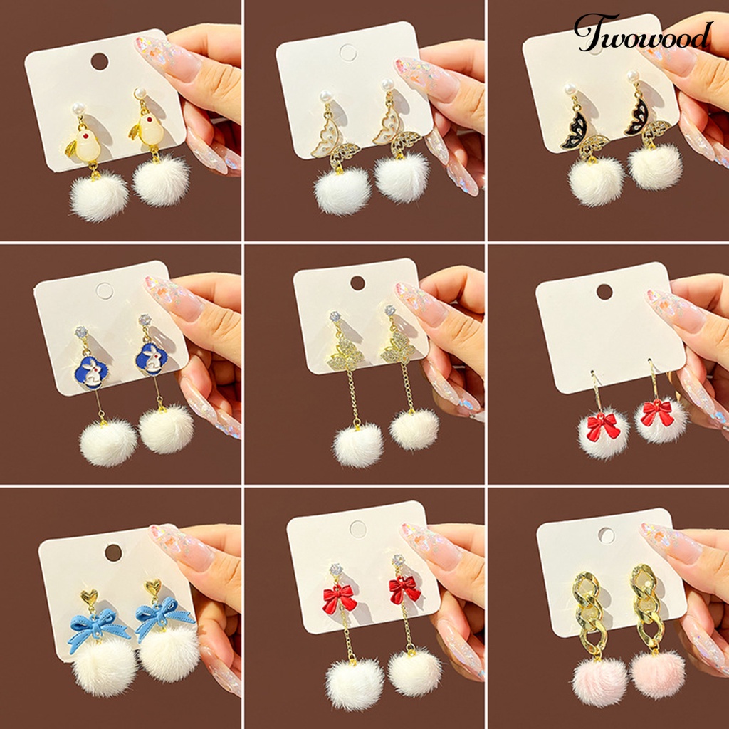 Twowood 1pasang Anting Menjuntai Ikatan Simpul Manis Kupu-Kupu Hiasan Telinga Gaya Korea Kartun Kelinci Pompom Stud Earrings Untuk Pacaran