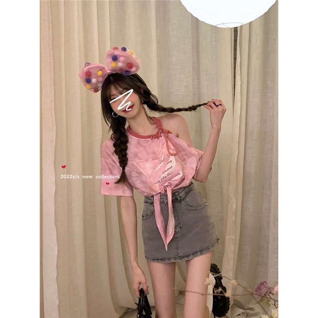 ◈Suhao Manis dan Keren Strapless Lengan Pendek Tipis T-shirt Wanita Musim Panas Gadis Pendek Rasa Desain Niche High-End Chic top Ins