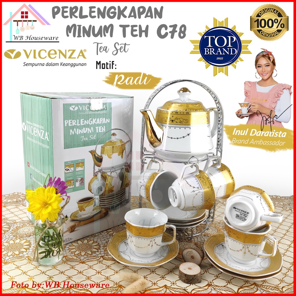 VICENZA perangkat Tea set porcelain motif padi CA78 / cangkit set + teko / gelas teh kopi + tatakan