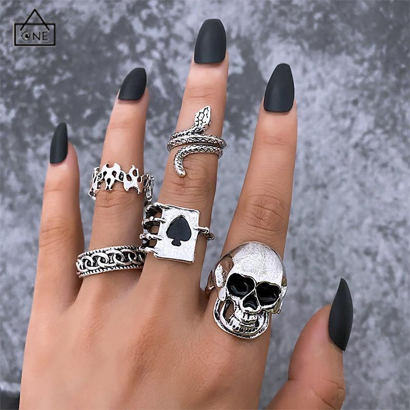 COD❤️9pcs/set Tengkorak Vintage Retro Sword Ring Hip Hop Punk Silvermetal Ring Set