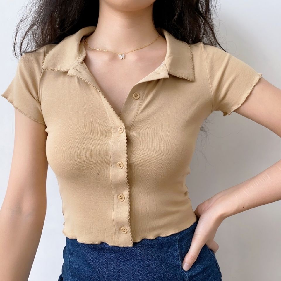 ✧✥Suhao American Retro Lapel Button-Down Kayu Telinga Lengan Pendek T-shirt Cardigan Pinggang Tinggi Pusar Pendek Slim-fit Single-Breasted Top