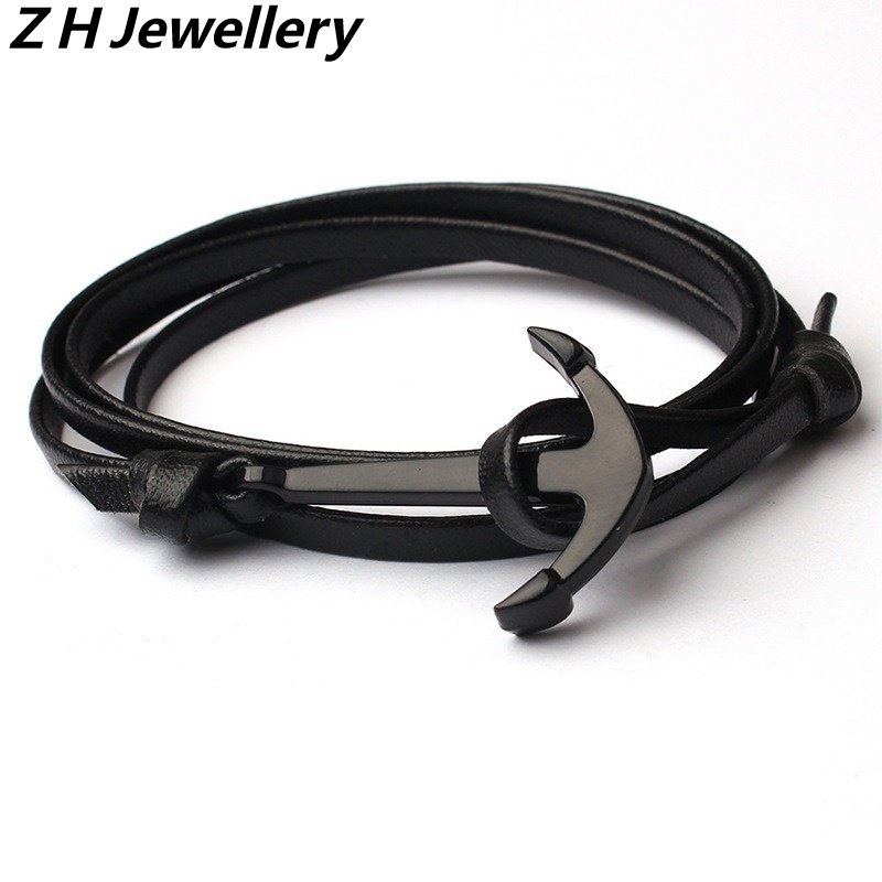 [Z H Perhiasan] Hip Hop Rock Retro Pria Fashion Stainless Steel Jangkar Gelang Kulit Pesta Perhiasan Aksesoris