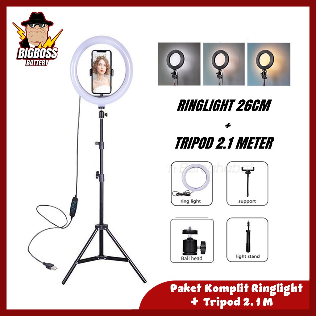 Paket Komplit Ringlight 26cm + Tripod 2,1 Meter Make Up Vlog Selfie Lampu Ringlight