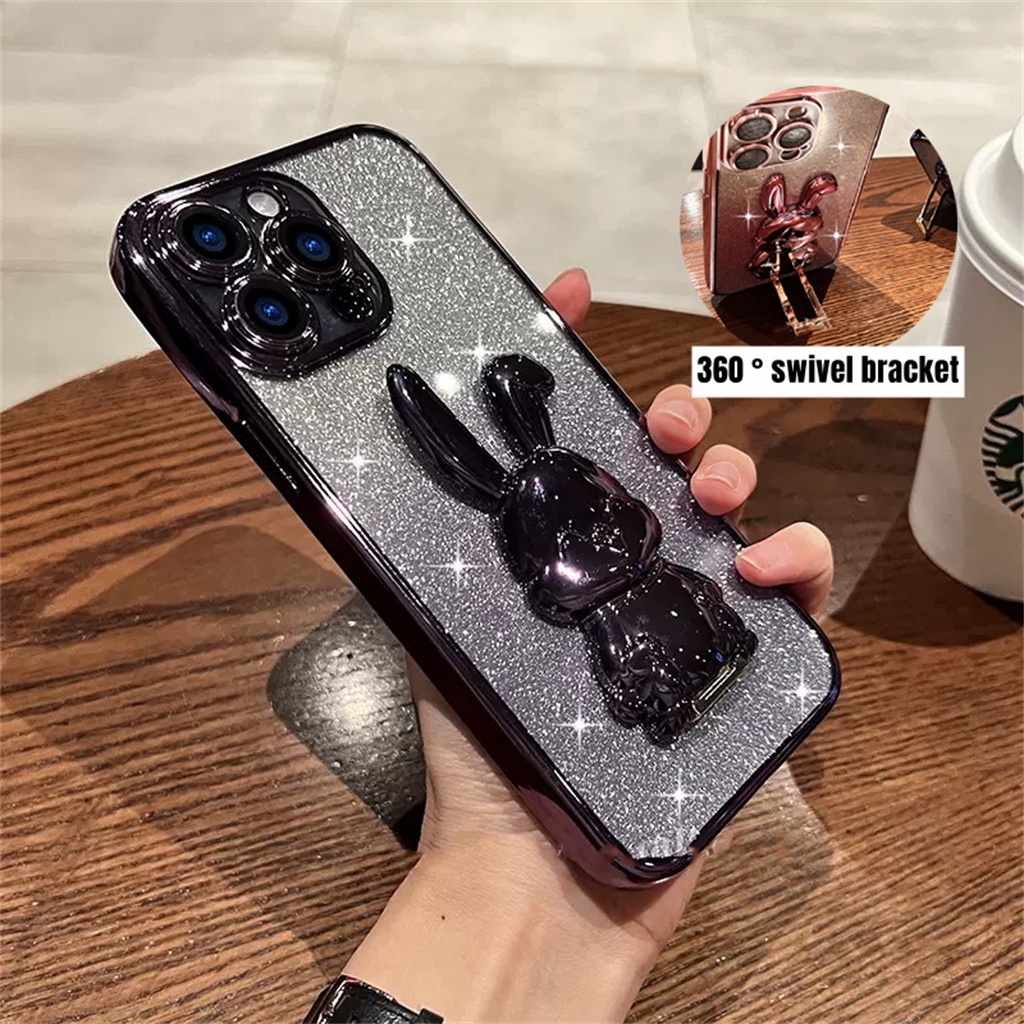 Kreatif Kartun Bunny Stand Case iPhone 14 Pro Max Plus Case iPhone 13 12 11 Pro Max Mewah Flash Lembaran Tertutup Penuh Shockproof Perlindungan Lembut Penutup Belakang