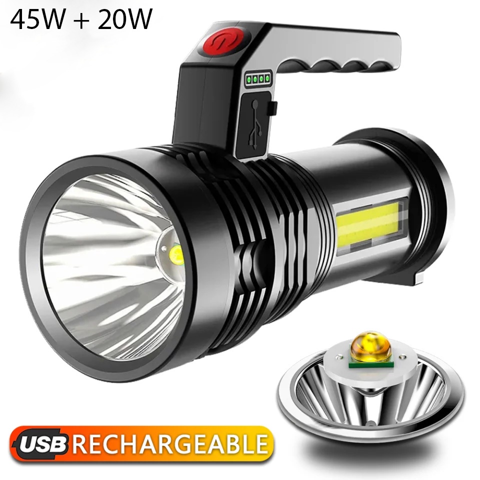 &lt; M.A &gt; Senter LED Dengan Handle / Pegangan 1 Mata Cas Super Terang Jarak Jauh COB 4 Mode Emergency USB Recharge Anti Air