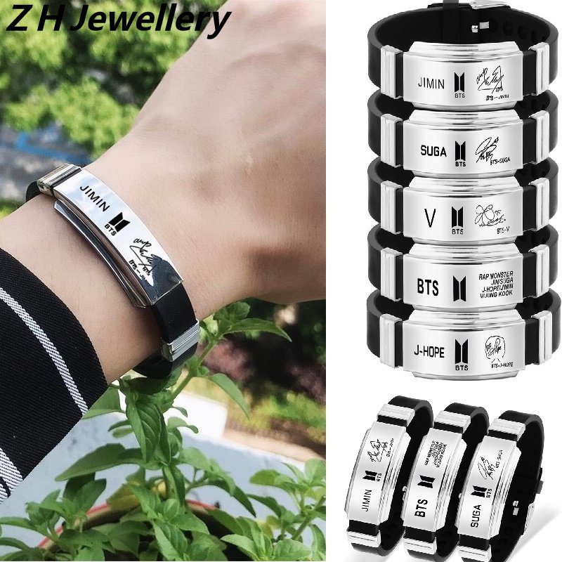 [Z H Perhiasan] Hip Hop Rock Retro Pria Fashion BTS Member V Gelang Titanium Silikon Gelang Pesta Perhiasan Aksesoris