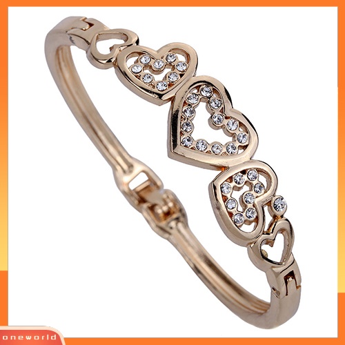 [ONE] Wanita Chic Pesta Berongga Hias Berlian Imitasi Jantung Bangle Rose Gold Alloy Bracelet