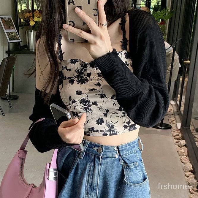 Perancis bunga kecil kamisol tank top wanita musim panas di luar pakai di dalam atasan smocked chic