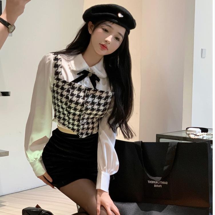 Suhao One-Piece Suit Wanita Fashion Slim Pakaian Luar Houndstooth Top Awal Musim Gugur Gaya Selebriti Pendek Slim Bawah Kemeja