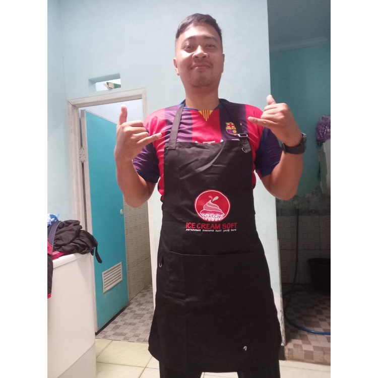 Celemek Celmek Clemek Apron BORDIR CUSTOM NAMA LOGO GAMBAR Bahan Drill Halus Premium Barista Warna HIJAU KREM MERAH HITAM