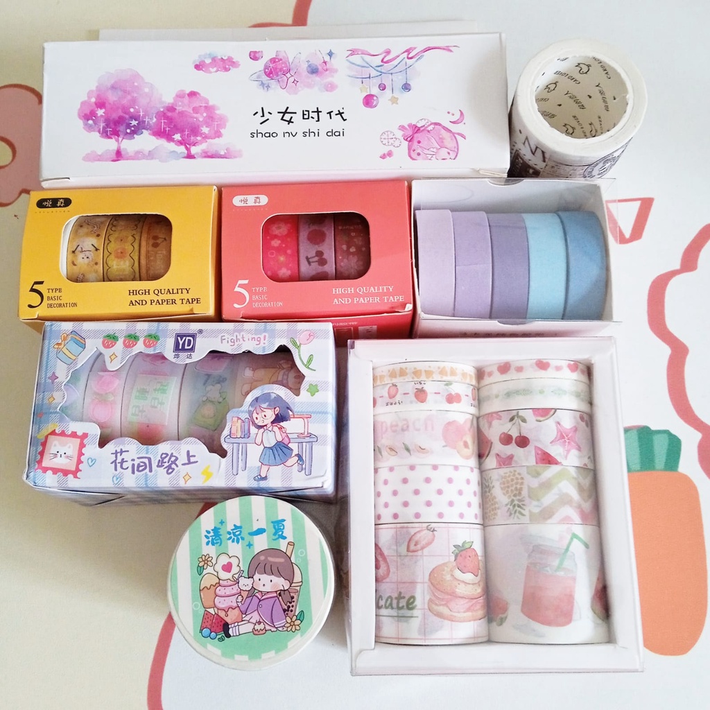 

[it's your hobbies ] Masking Washi Tape dekorasi jurnal / scrapbook / catatan / buku harian tema lucu imut kartun vintage pastel pink grid patern