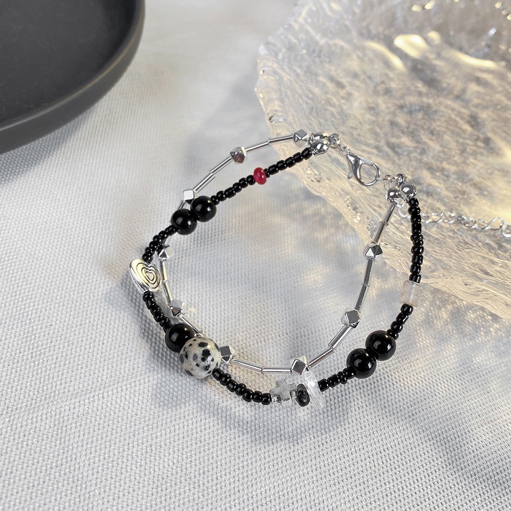 Retro Double Layer Gelang Manik-Manik Hati Untuk Wanita Gadis Ornamen Tangan Batu Keberuntungan