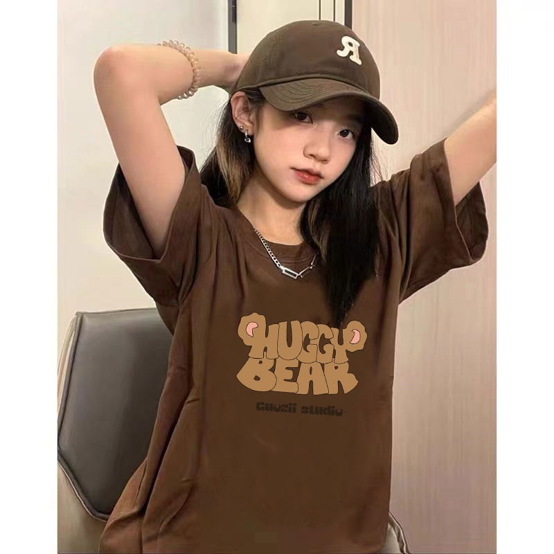 4 warna 100% Katun Graphic Tee Baju Wanita Letter Atasan Wanita Oversize Kaos Putih T-shirt Couple Korean Style/Baju coklat