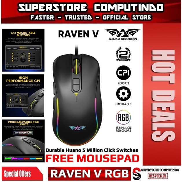 Mouse Gaming Armaggeddon Raven V Wired RGB 16,8 Million 7200 Cpi