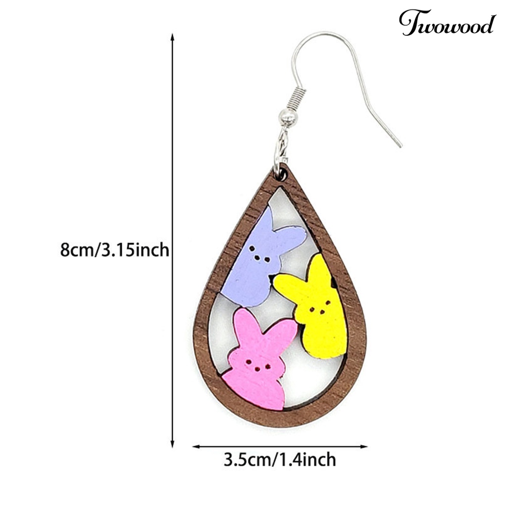 Twowood 1pasang Anting Kait Tetesan Air Berbentuk Hollow Kayu Hadiah Fashion Perhiasan Warna-Warni Bunny Kelinci Menjuntai Anting Untuk Paskah