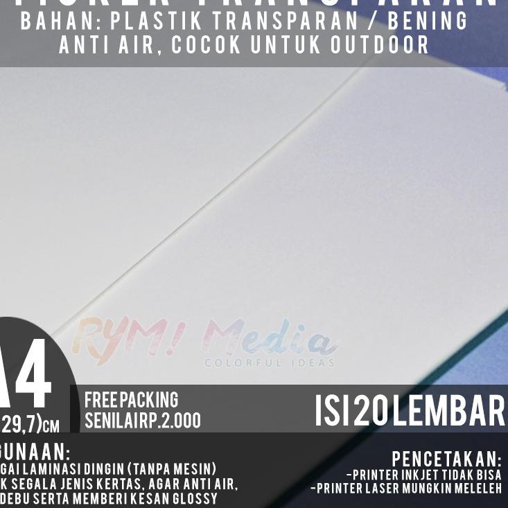 

►®◄ Stiker Transparan A4 isi 20 lbr / Kertas Sticker Transparant Laminasi