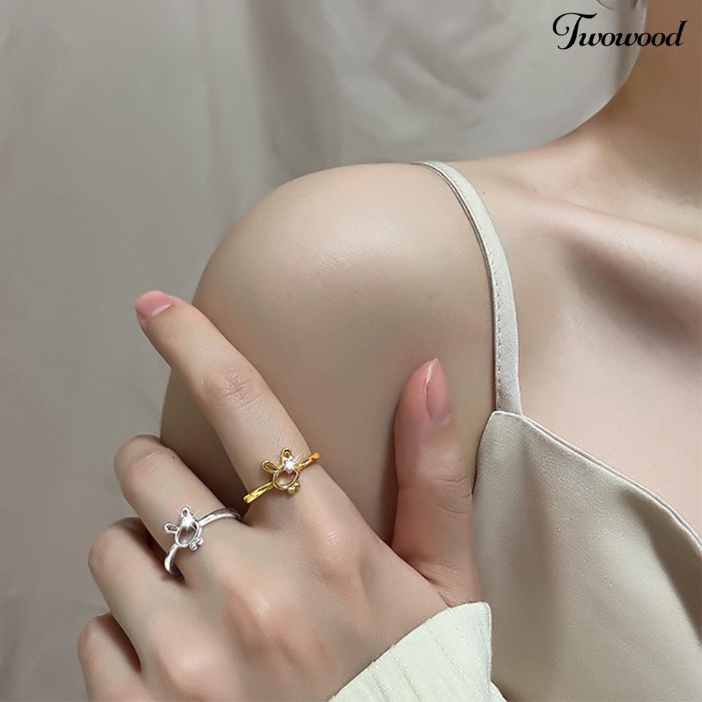 Twowood Wanita Cincin Manis All-match Aksesoris Fashion Open-end Cute Rabbit Flower Rhinestone Ring Untuk Pakaian Sehari-Hari