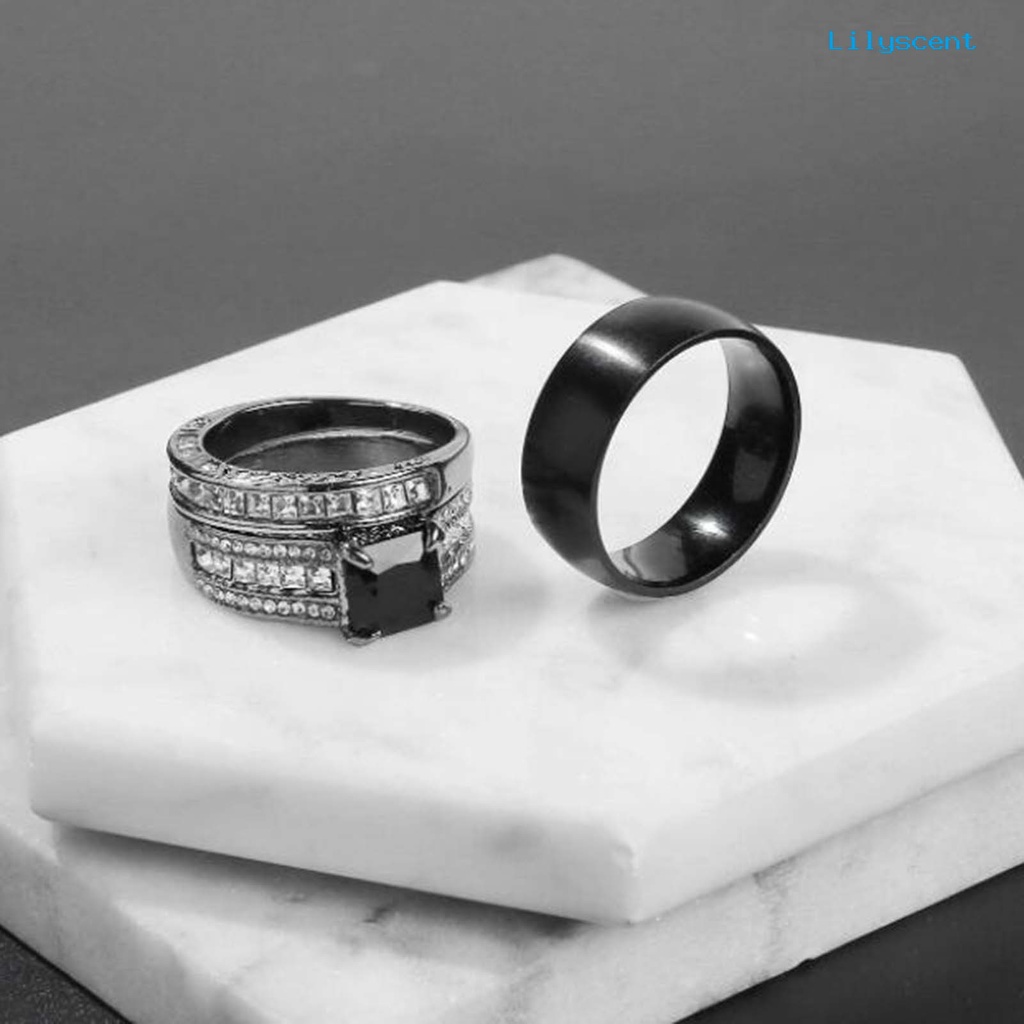 [LS]3Pcs /Set Cincin Pasangan Laporan Permukaan Halus Paduan Persegi Bertatahkan Cubic Zirconia Pernikahan Band Perhiasan Fashion