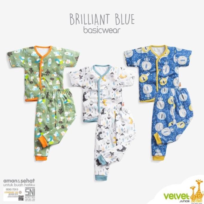 Baju Bayi Setelan Pendek Panjang Piyama Anak Kancing Tengah Velvet Brilliant Blue