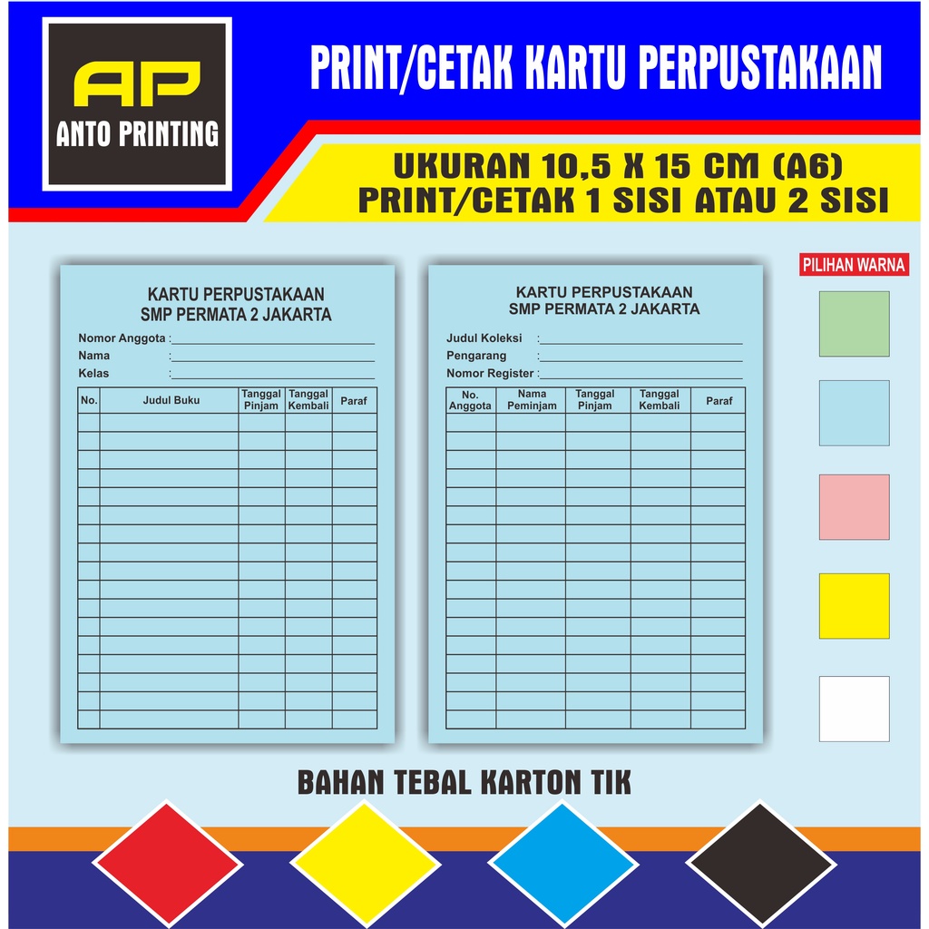 

PRINT/CETAK KARTU PERPUSTAKAAN SD/SMP/SMA/UNIVERSITAS/UMUM UK. A6 (10,5 X 15 CM)