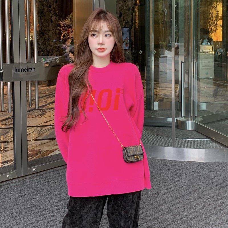 Suhao versi Korea longgar leher bulat hitam sweater wanita one-piece suit gaya malas sweater rajutan setengah panjang pakaian luar pullover top