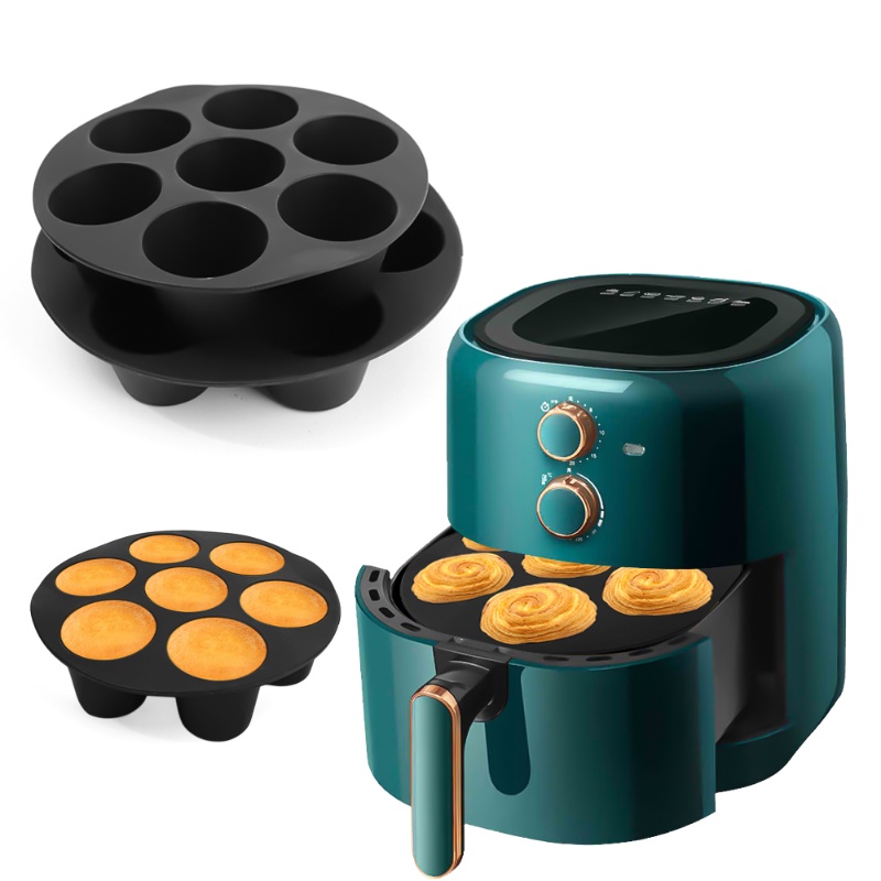 7per8inch Bulat Untuk Pastry Microwave Oven Baking Tray Non-stick Food Grade Silicone Pot Muffin Kue Cup Mold Baking Air Fryer Reusable 7lubang Alat Masak Oven Microwave Dapur