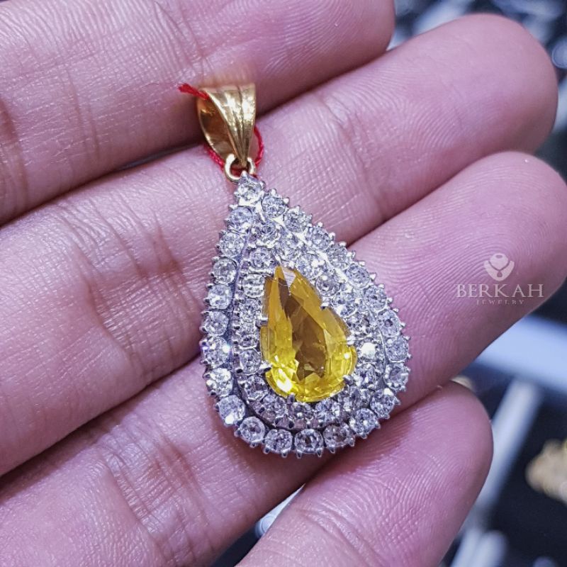 Liontin emas berlian asli natural diamond batu yakut yellow sapphire
