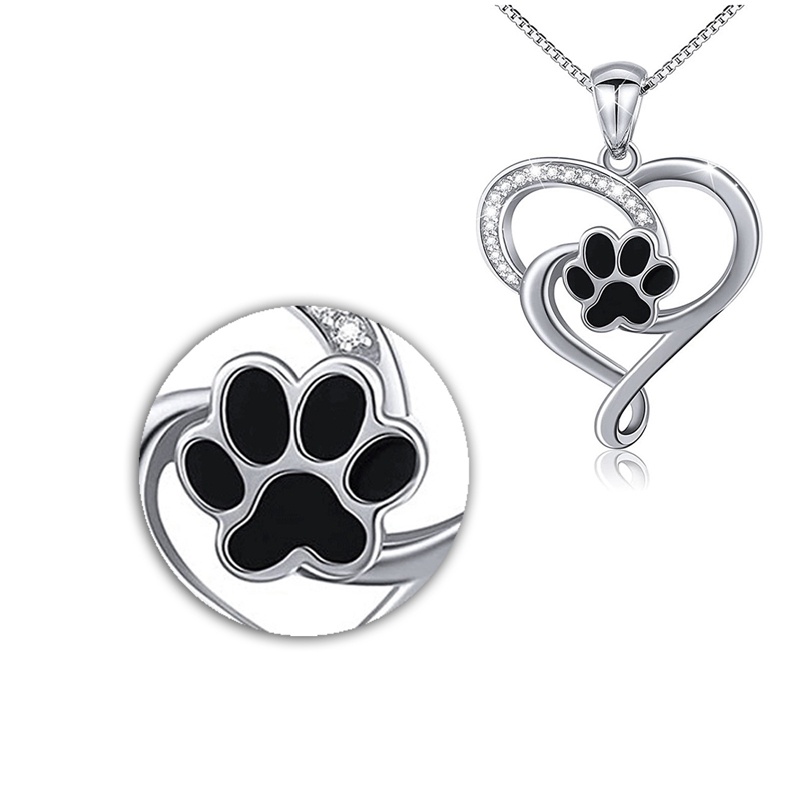 Kalung Hati Jejak Kaki Anjing Hitam Untuk Wanita Rantai Kotak Lucu Liontin Kalung Pesta Ulang Tahun Hadiah Pernyataan Perhiasan