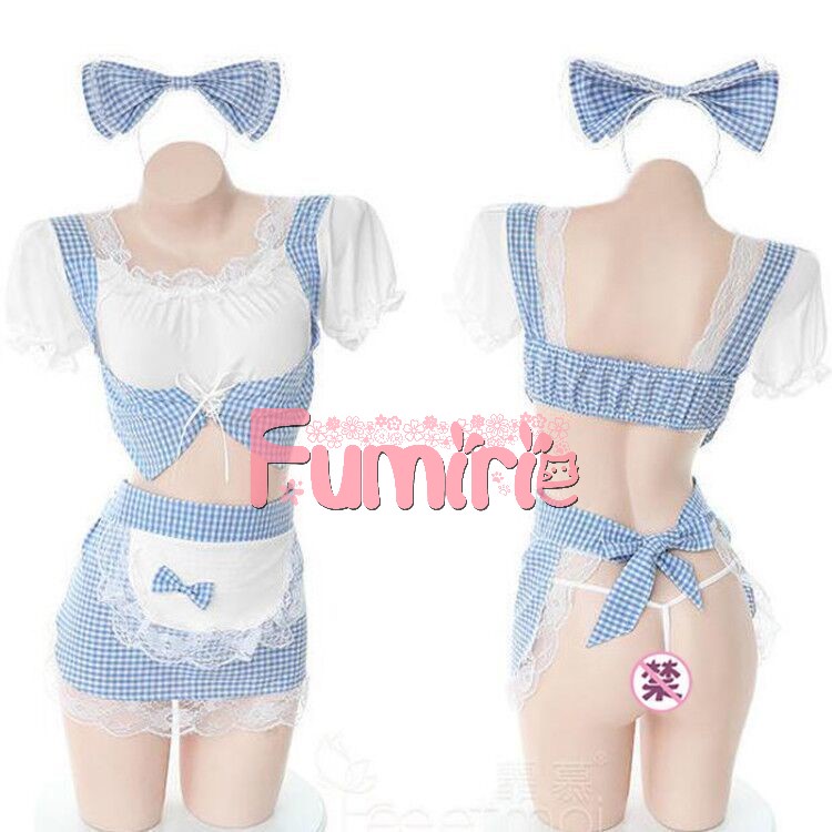 【Fumirie】 Set Maid Blue Pattern Sexy Lingerie Cosplay Pelayan Pembantu