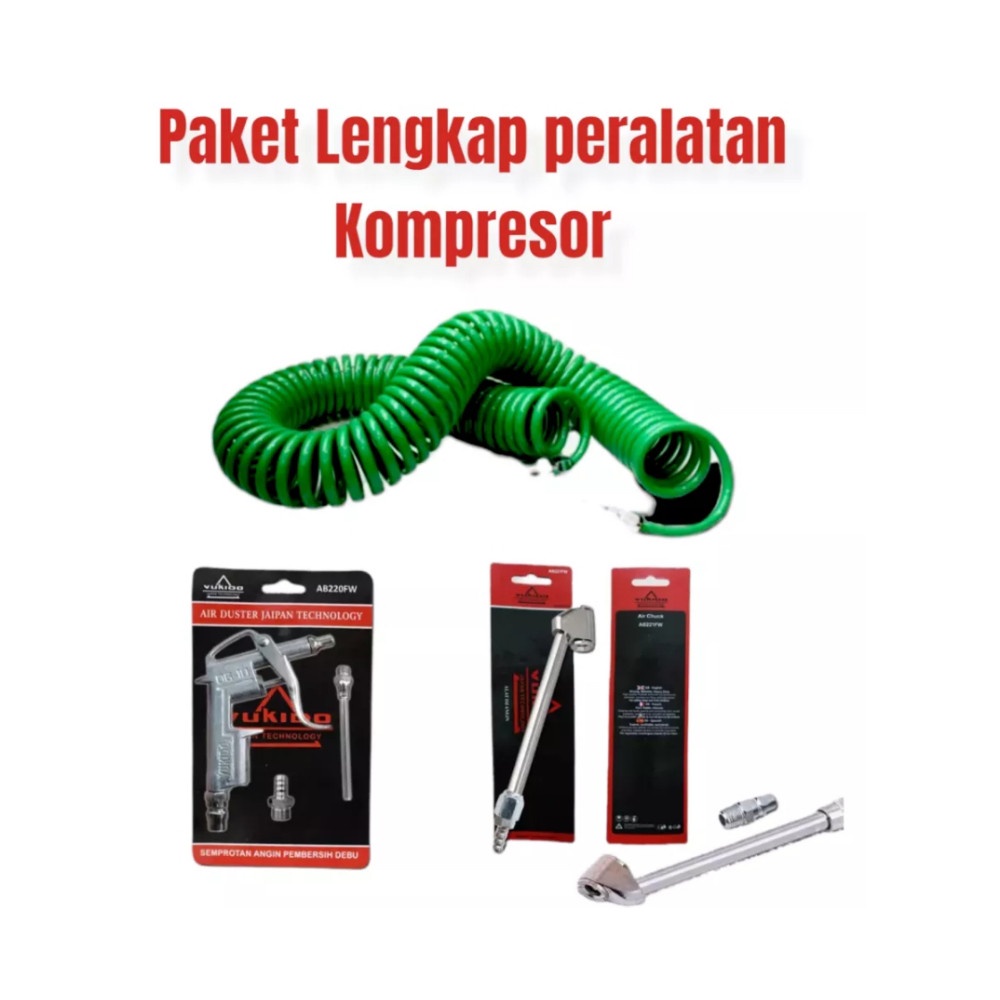 BISA COD!!! YUKIDO Tools Paket Alat Service 4in1 Selang Angin Kompresor Recoil Spiral 12 Meter - Alat Semprot Angin Air Duster Gun DG-10 - Alat Isi Angin Air Chuck 6 Inch FREE COUPLER