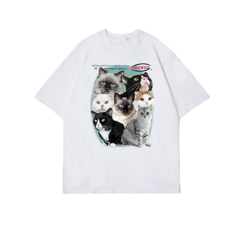 Baju Atasan Wanita Vintage Lengan Pendek Cute Cat Graphic Print T-shirt Oversize Kekinian Kaos Basic Ootd