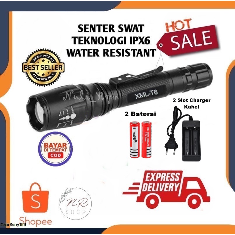 Senter Swat Led Cree XML-T6/X8 Taffware 3800 Lumens Lampu Senter Led Super Terang 5 Mode Cahaya
