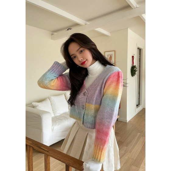 TheNext Amber | Camille | Jisoo Blackpink Rainbow Crop Cardigan Pelangi Korean Style Cable Knit Kepa