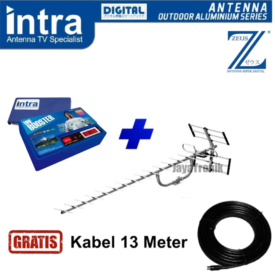 Paket Antena Tv Digital Intra Zeus + Booster INT-909 Luar Dalam Kabel Panjang 13 Meter Original