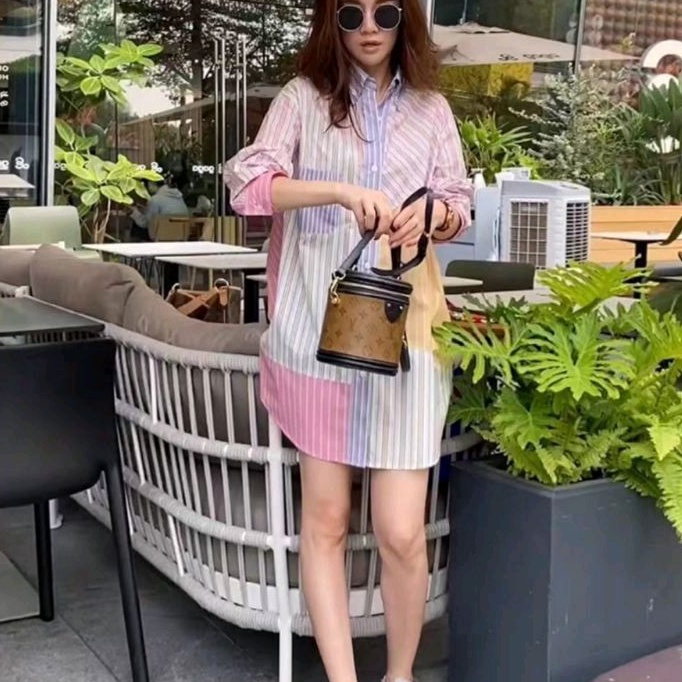 2480/ Baju Atasan wanita warna warni Kemeja korean Impor perempuan PATCHWORK STRIPED SHIRT Blouse bl